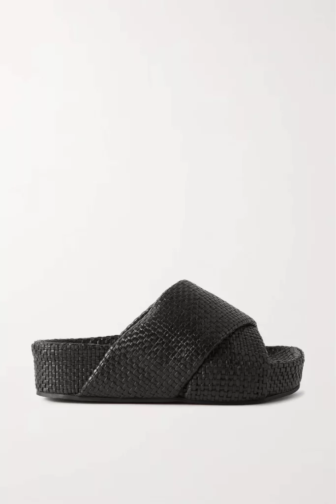 Woven leather platform slides Black