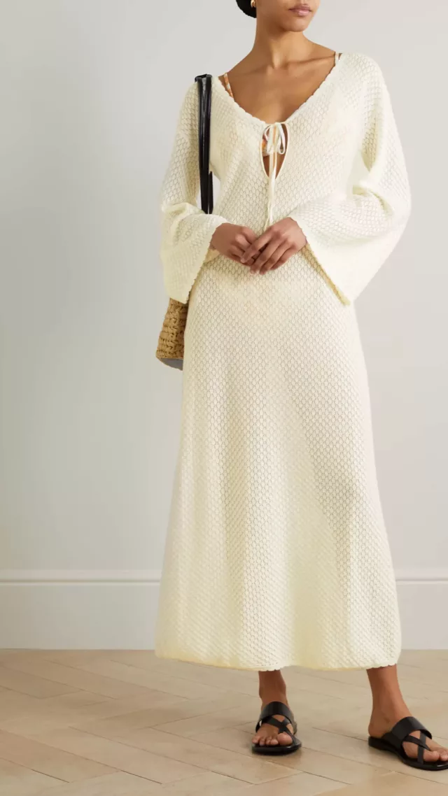 Fleur tie-detailed pointelle-knit cotton maxi dress White