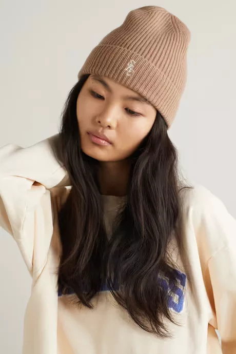Embroidered ribbed cashmere beanie Camel