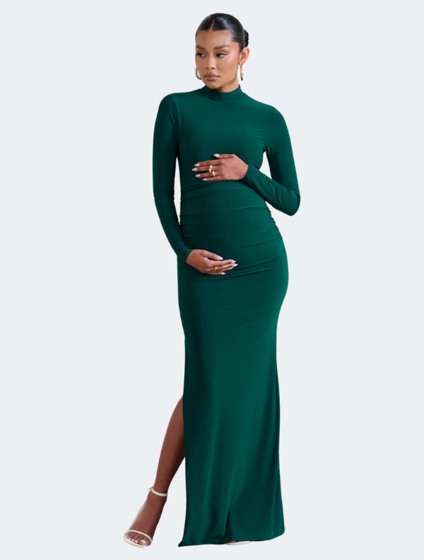 Alejandra Green Maternity Long Sleeve High Neck Maxi Dress