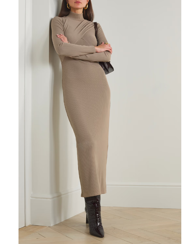 Mallorie Ribbed-Knit Midi Dress Taupe