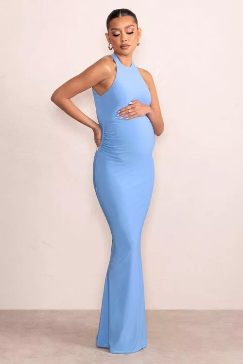 Nyssa Powder Blue High Neck Sleeveless Maternity Maxi Dress
