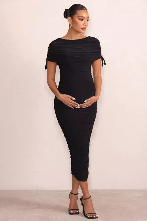 Roxanne Black Ruched Bardot Maternity Midi Dress