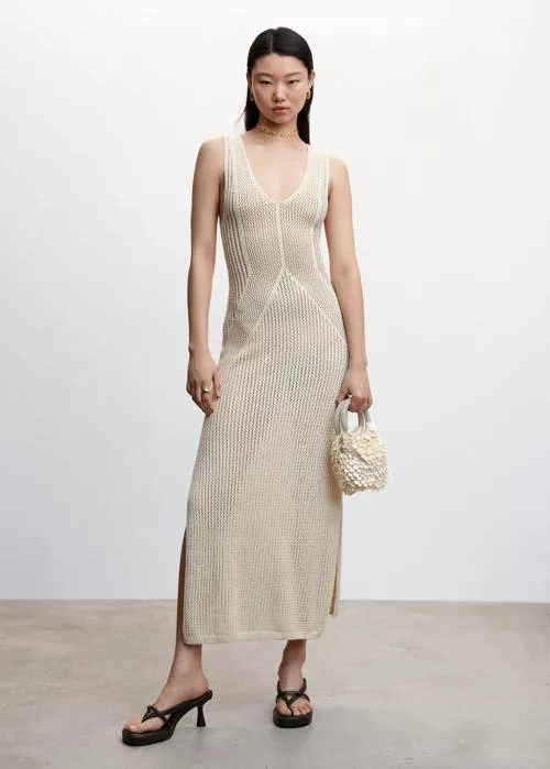 Openwork Knit Dress With Slits Gold