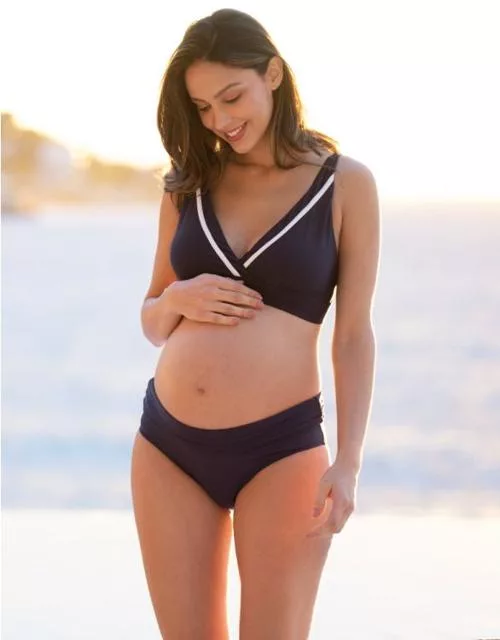 Navy & white maternity bikini with foldover bottoms NAVY White