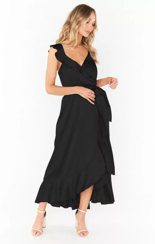 Samantha ruffle wrap dress Black Luxe Satin