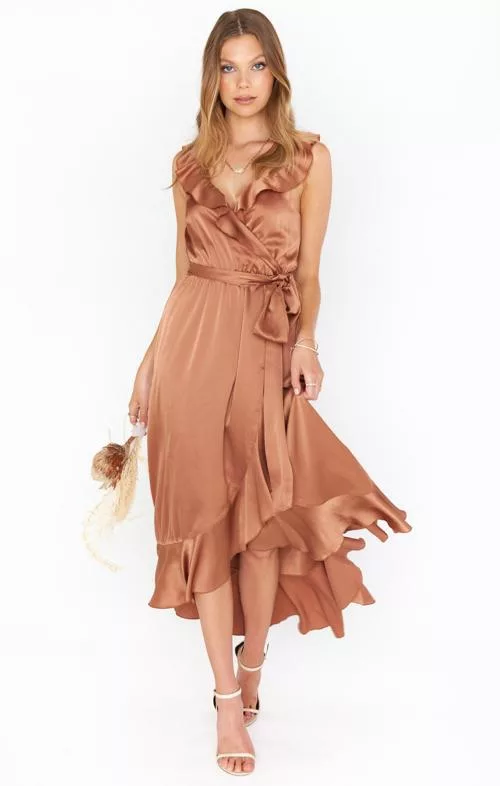 Samantha ruffle wrap dress Copper Luxe Satin