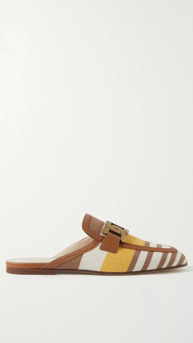 Embellished leather-trimmed striped canvas slippers Tan