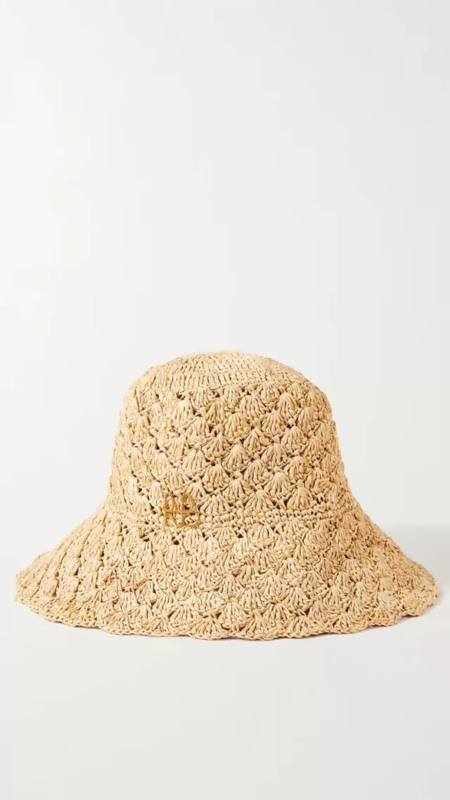 Embellished Crocheted Straw Bucket Hat Beige