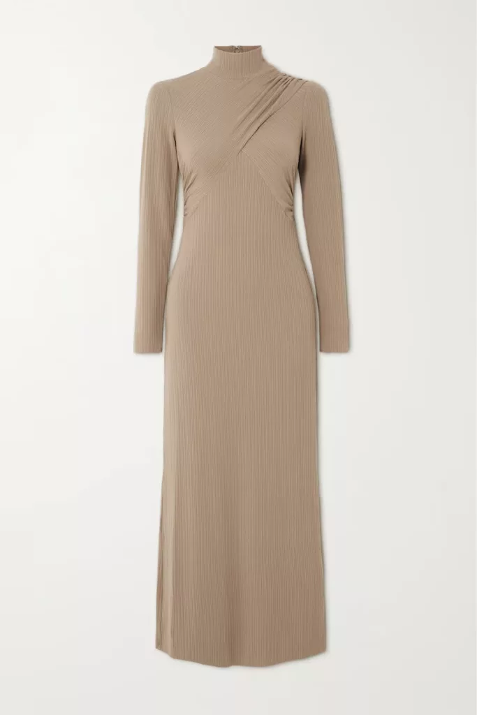 Mallorie Ribbed-Knit Midi Dress Taupe