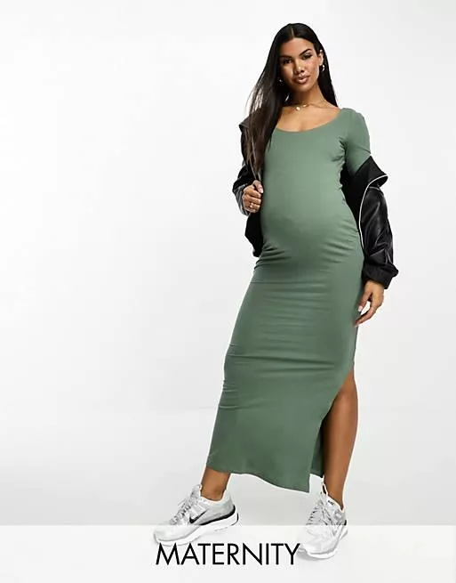 Vero moda maternity bodycon midi dress with side splits in khaki