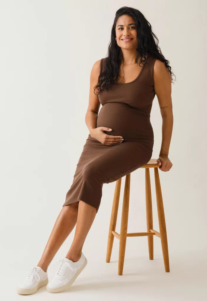 Ribbed Maternity Tank Dress With Nursing Access Cocoa Brown