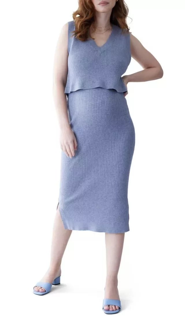 Two-Piece Ribbed Maternity Midi Skirt & Crop Sweater Vest Heather Grey