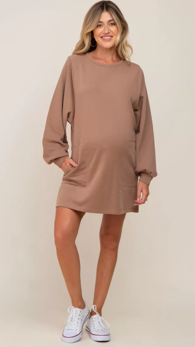 Mocha ultra soft maternity sweatshirt dress