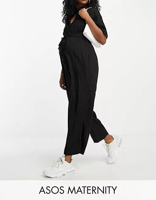 Asos Design Maternity Oversized Tie Waist Shirt Jumpsuit In Black