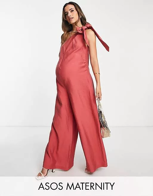 Asos Design Maternity Tie One Shoulder Linen Jumpsuit In Red Brick