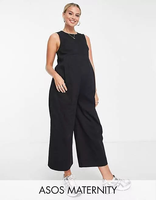 Asos Design Maternity Twill Minimal Sleeveless Jumpsuit With Pockets In Black