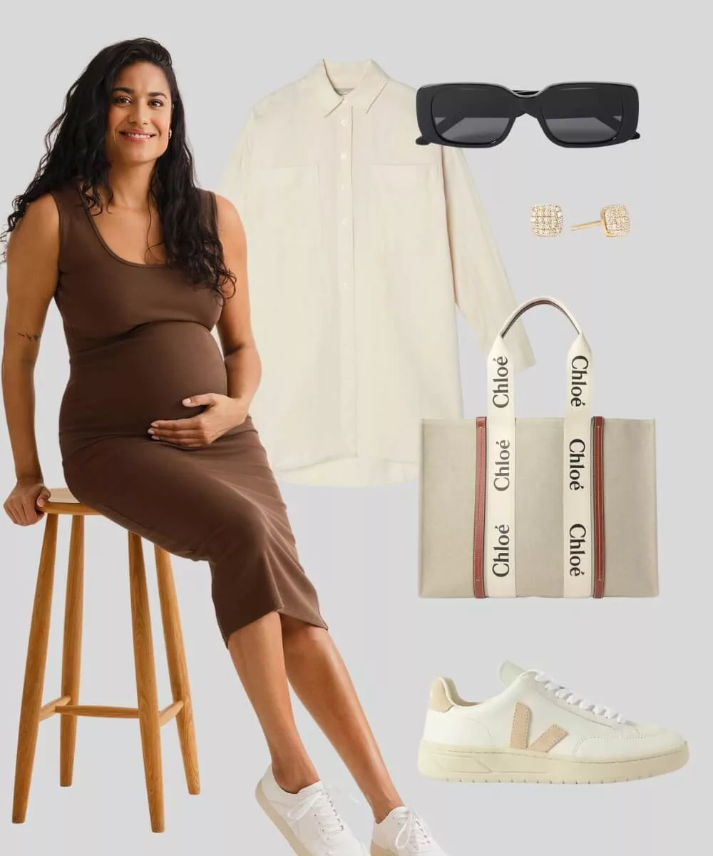 Cover Image for Brown maternity summer dress | White Veja sneakers | Chloé linen tote | Diamond studs