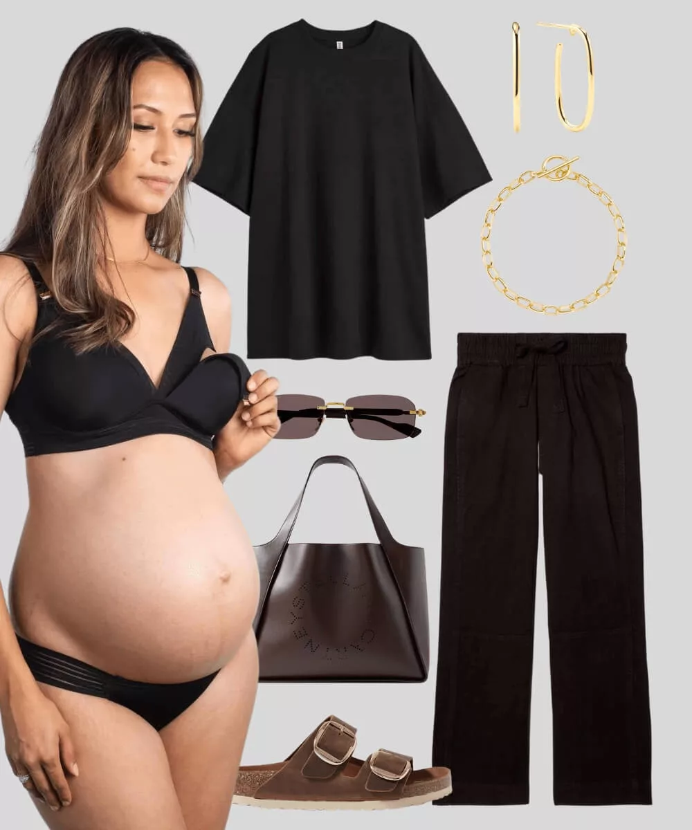 Cover Image for All black casual maternity outfit | Nursing t-shirt | Pull-on pant | Birkenstock sandals