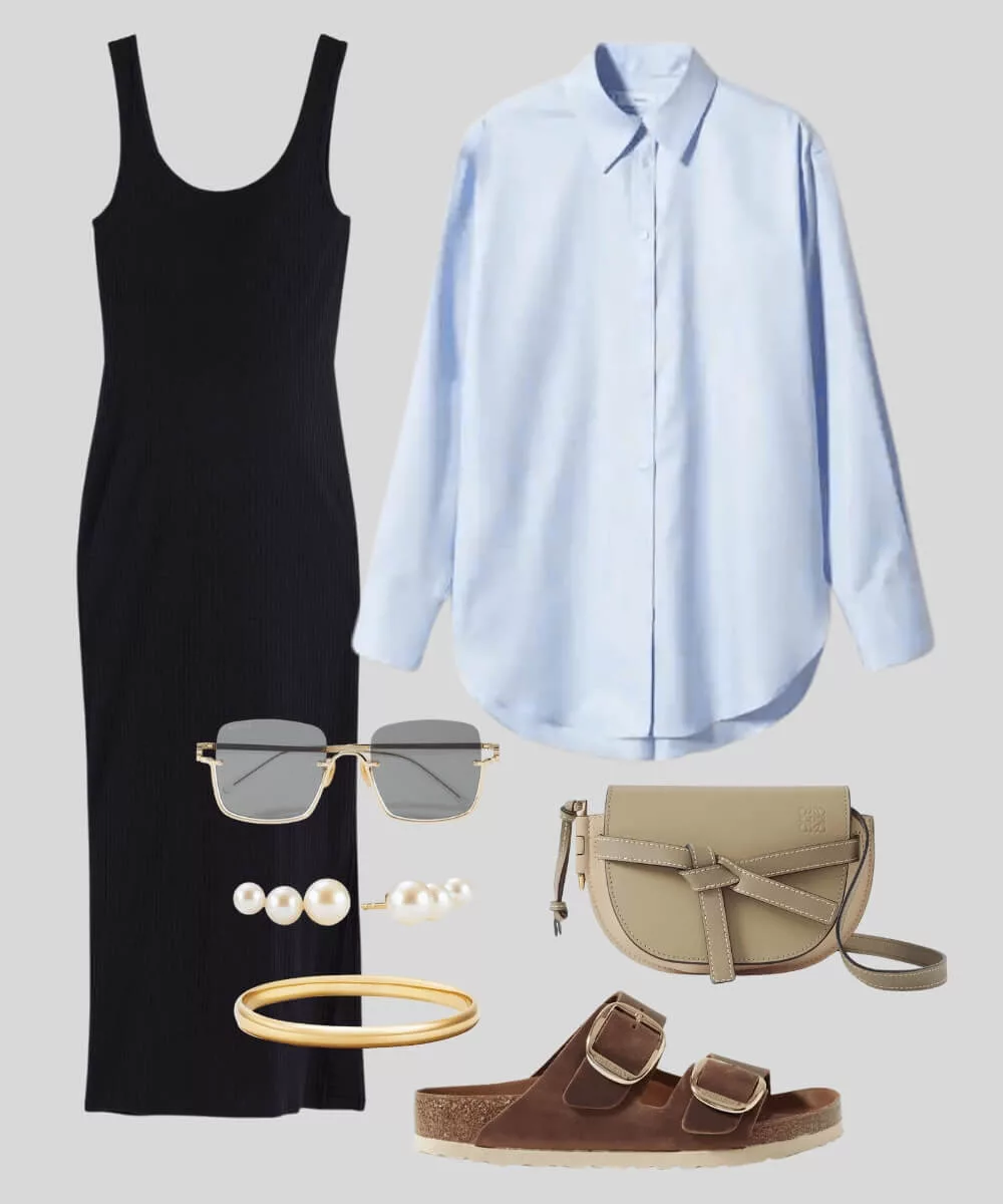 Cover Image for Casual maternity summer outfit | Ribbed sleeveless dress | Oversized shirt | Birkenstock sandals