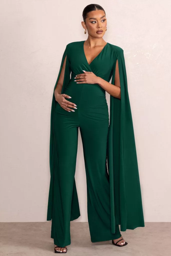 Triumph Bottle Green Plunge Neck Maternity Jumpsuit With Cape Sleeves