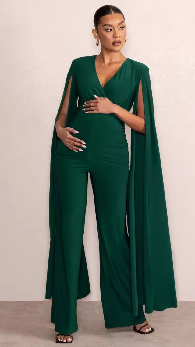 Triumph Bottle Green Plunge Neck Maternity Jumpsuit With Cape Sleeves