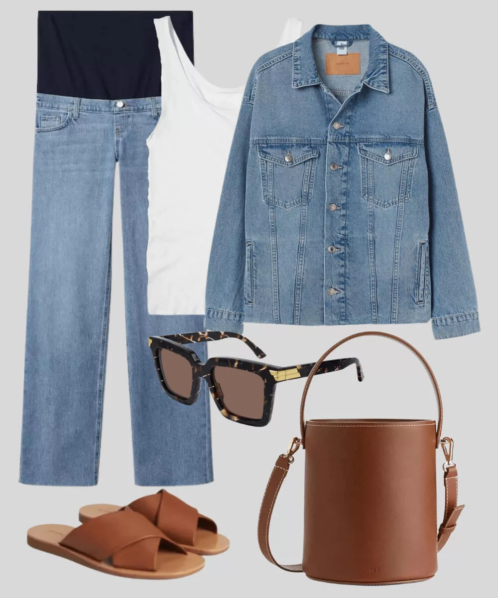 Cover Image for Denim on denim outfit | Maternity jeans | Oversized Denim Jacket | Brown accesories