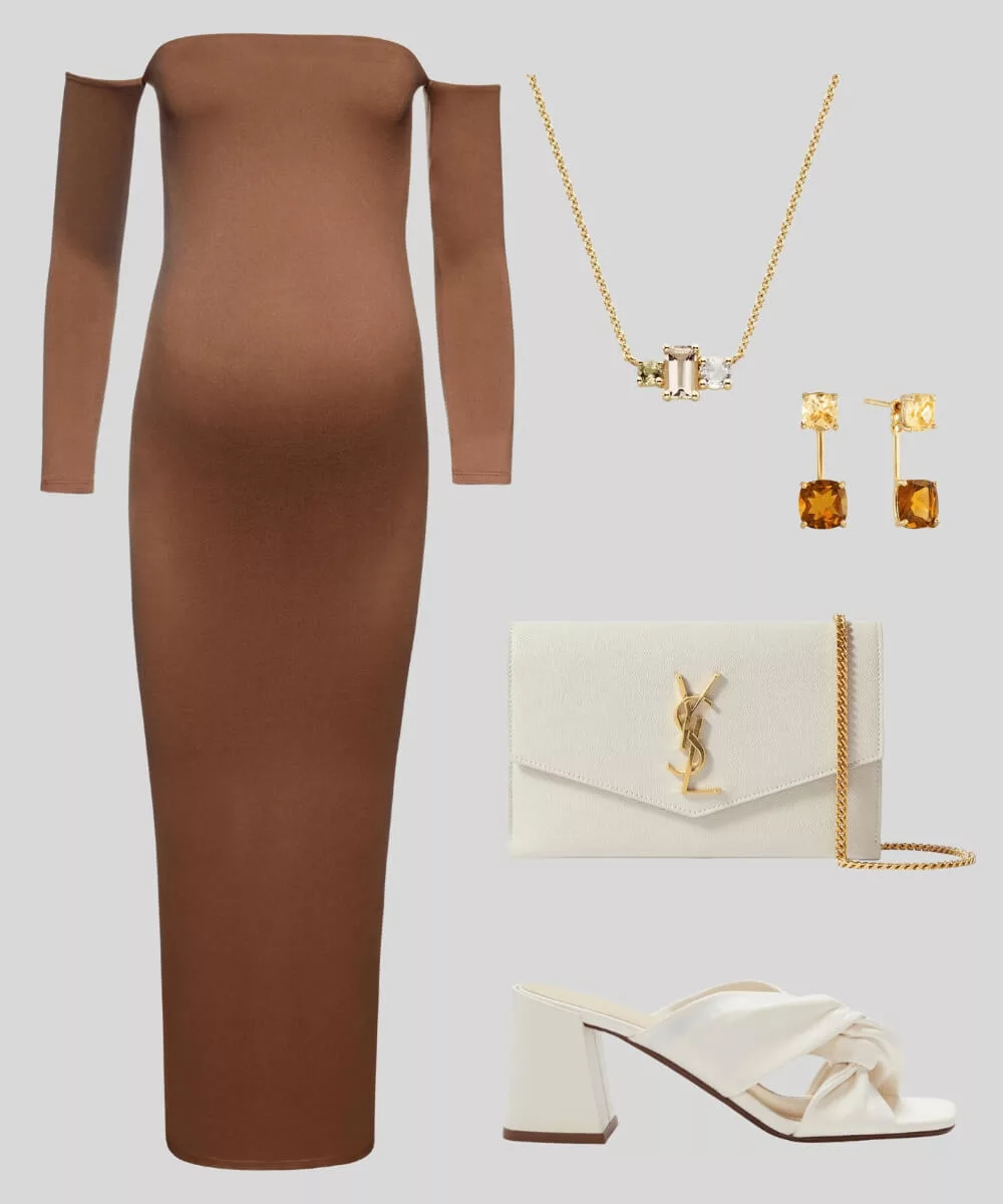 Cover Image for Evening maternity outfit | Mocha bumpsuit | Off-white and gold accessories | Saint Laurent’s bag