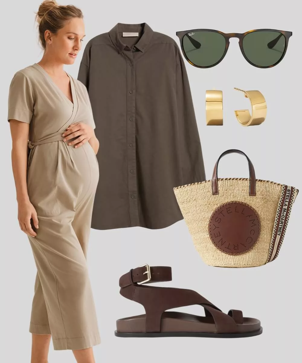 Cover Image for Neutral maternity summer outfit | maternity jumpsuit | Oversize shirt | Stella McCartney