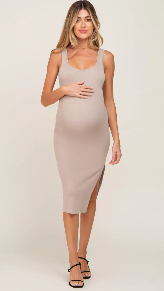 Beige Knit Fitted Maternity Midi Dress