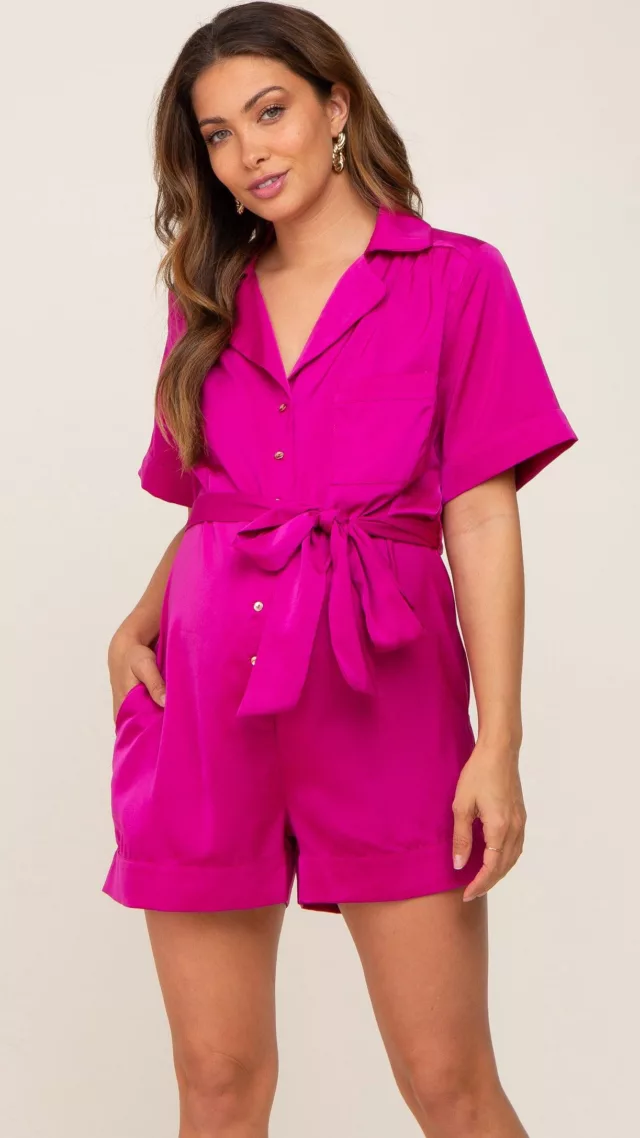 Fuchsia Satin Button Down Maternity Romper Fuschia