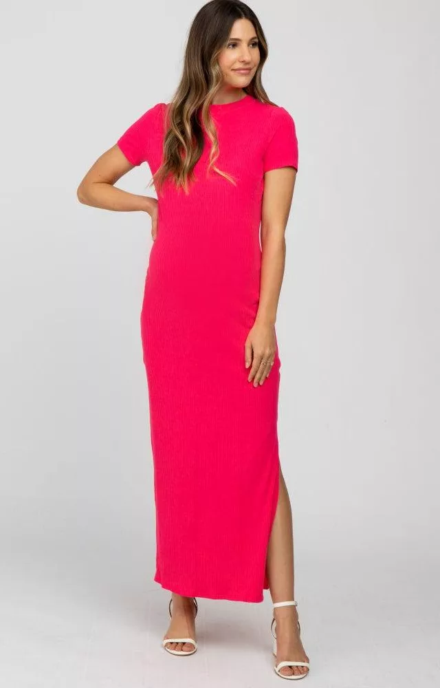 Hot Pink Ribbed Side Slit Maternity Maxi Dress Fuschia