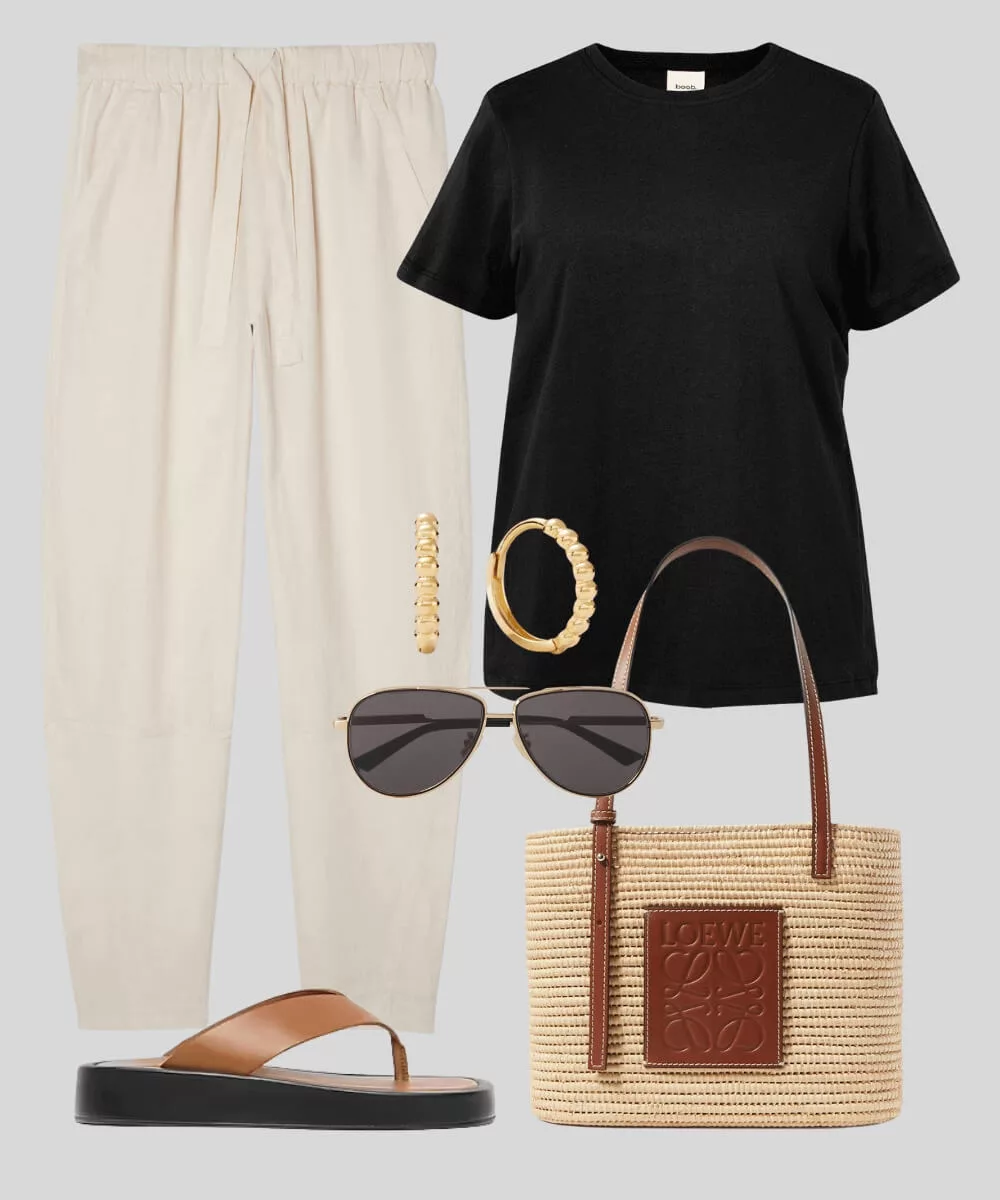 Cover Image for Summer maternity outfit | Linen canvas pant | Nursing t-shirt | Tan sandals | Loewe tote bag