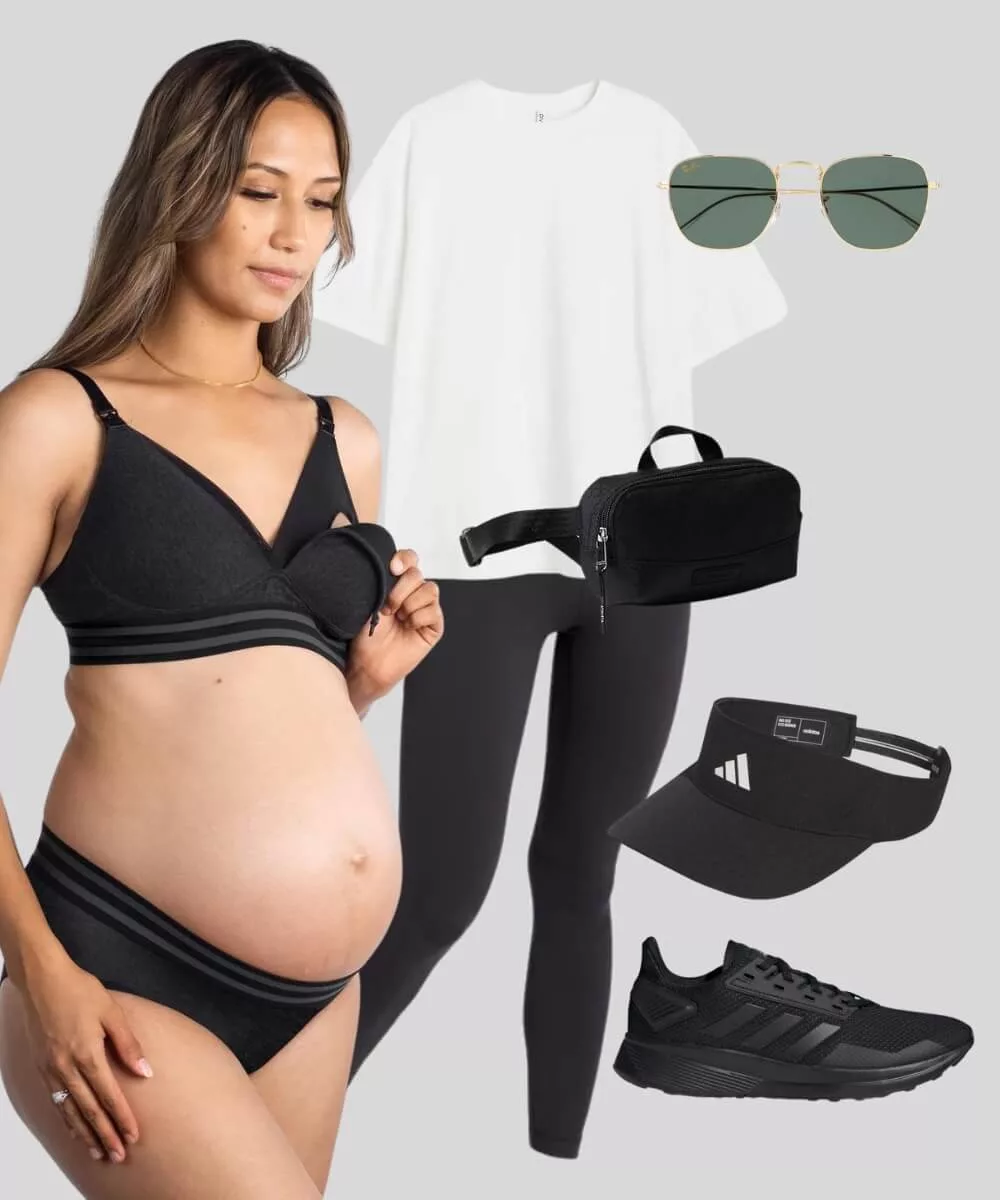 Cover Image for Maternity walking outfit | White oversized t-shirt | Stretchy leggings | Hotmilk everyday bra | Adidas shoes