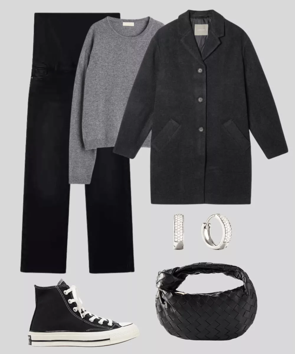 Cover Image for Winter maternity outfit | Black wideleg jeans | Cashmere sweater | Oversized long coat | Converse sneakers