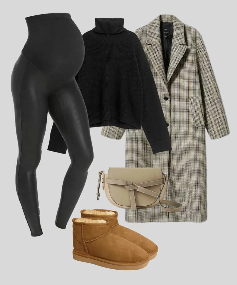 Cover Image for Outfit con botas mini Ugg | Leggings de cuero sintético premamá | Abrigo de invierno marrón