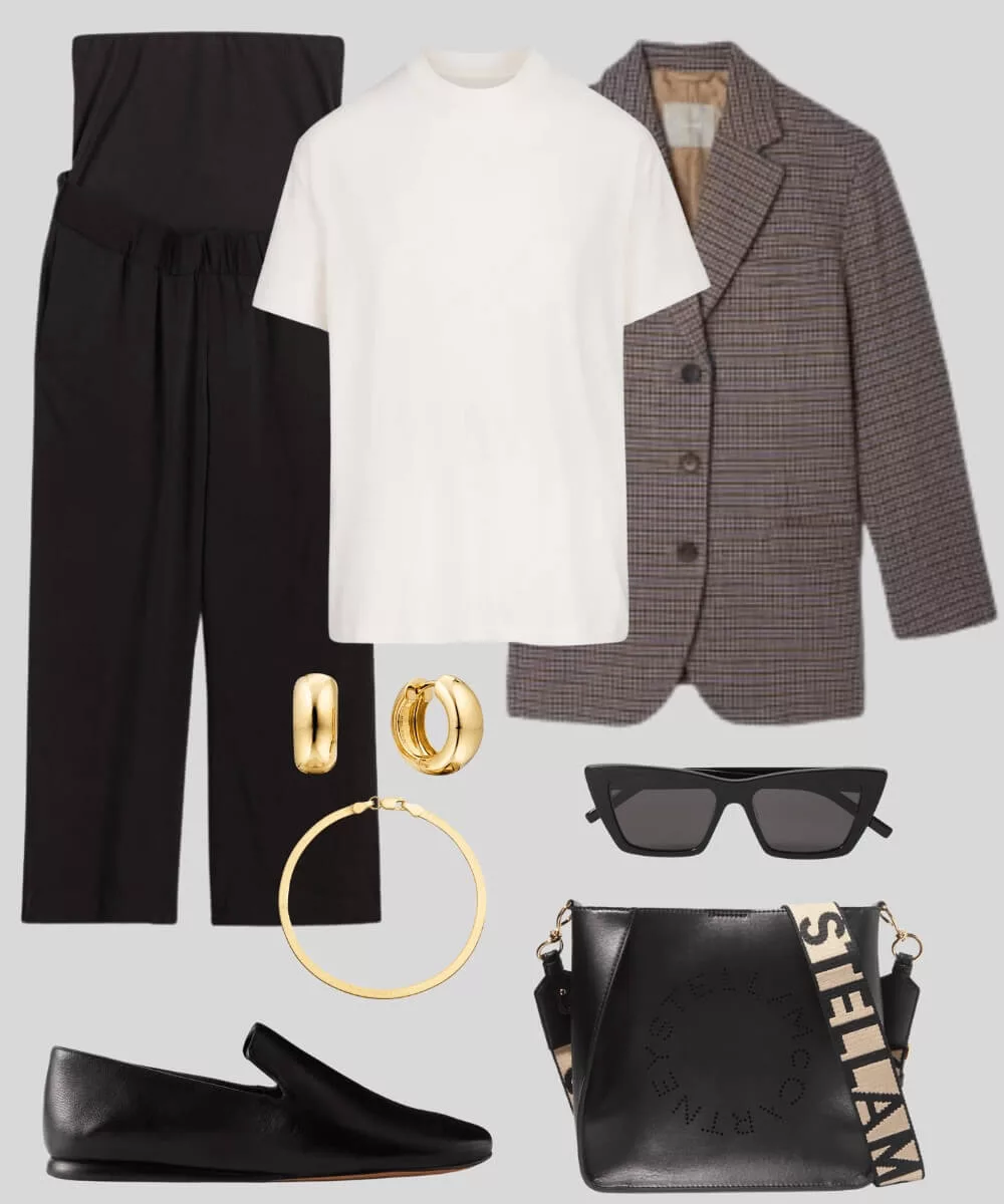 Cover Image for Maternity workwear outfit | White t-shirt | Oversized plaid blazer | Work pants | Stella McCartney bag