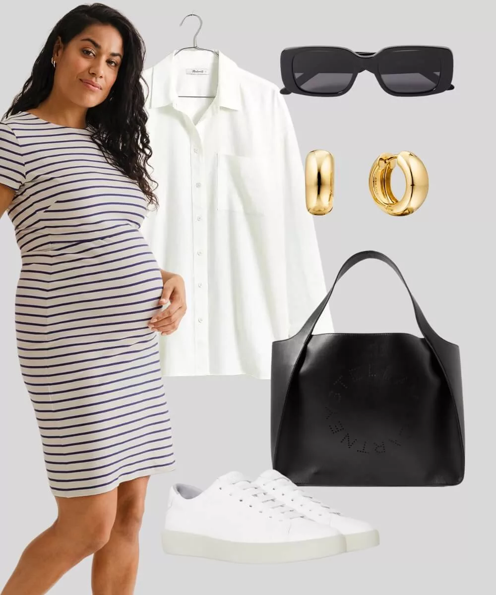 Cover Image for Casual maternity summer outfit | Striped nursing dress | Linen oversized shirt | White sneakers