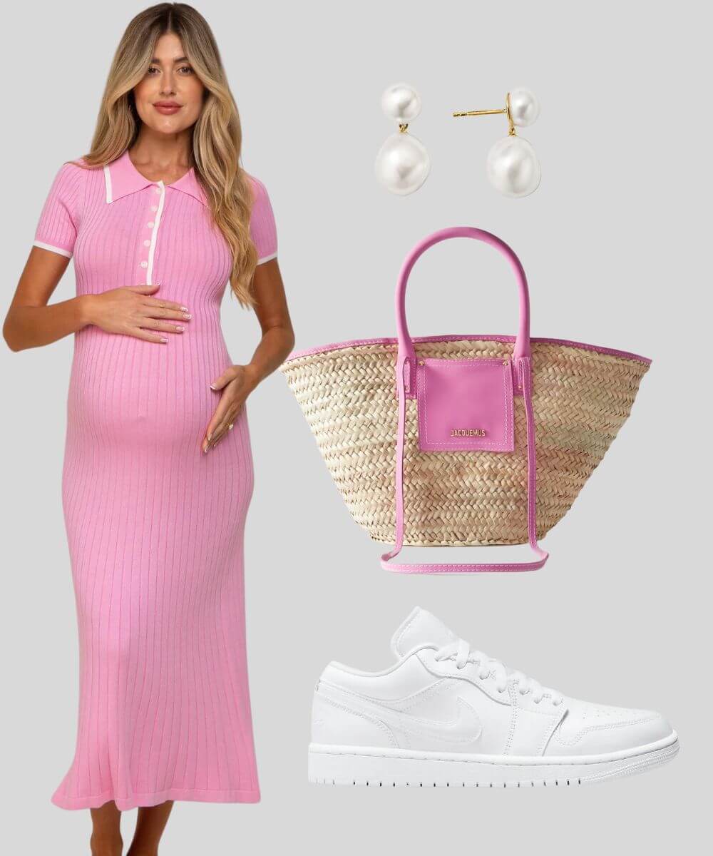 Cover Image for Barbie pink maternity outfit | Pink collared maternity dress | White sneakers | Pearl earrings