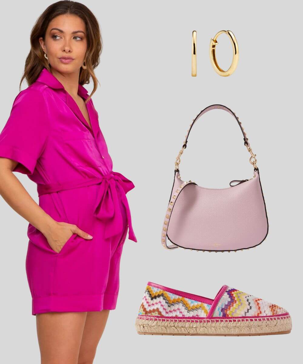 Cover Image for Barbie pregnancy outfit | Pink maternity romper | Crochet-knit espadrilles | Designer bag