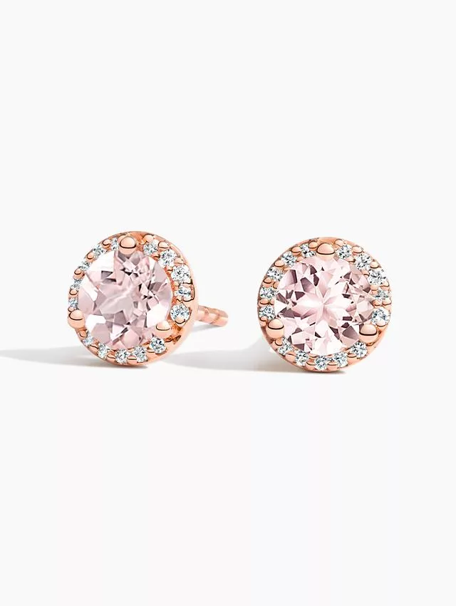 14K Rose Gold Morganite Halo Diamond Earrings