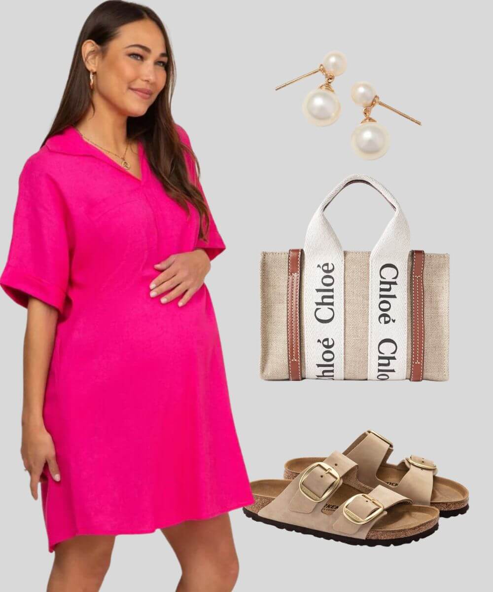 Cover Image for Casual barbie maternity outfit | Fuchsia linen dress | Birkenstock sandals | Pearl earrings