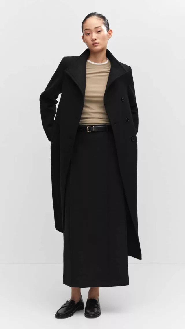 Woolen Coat With Belt Black