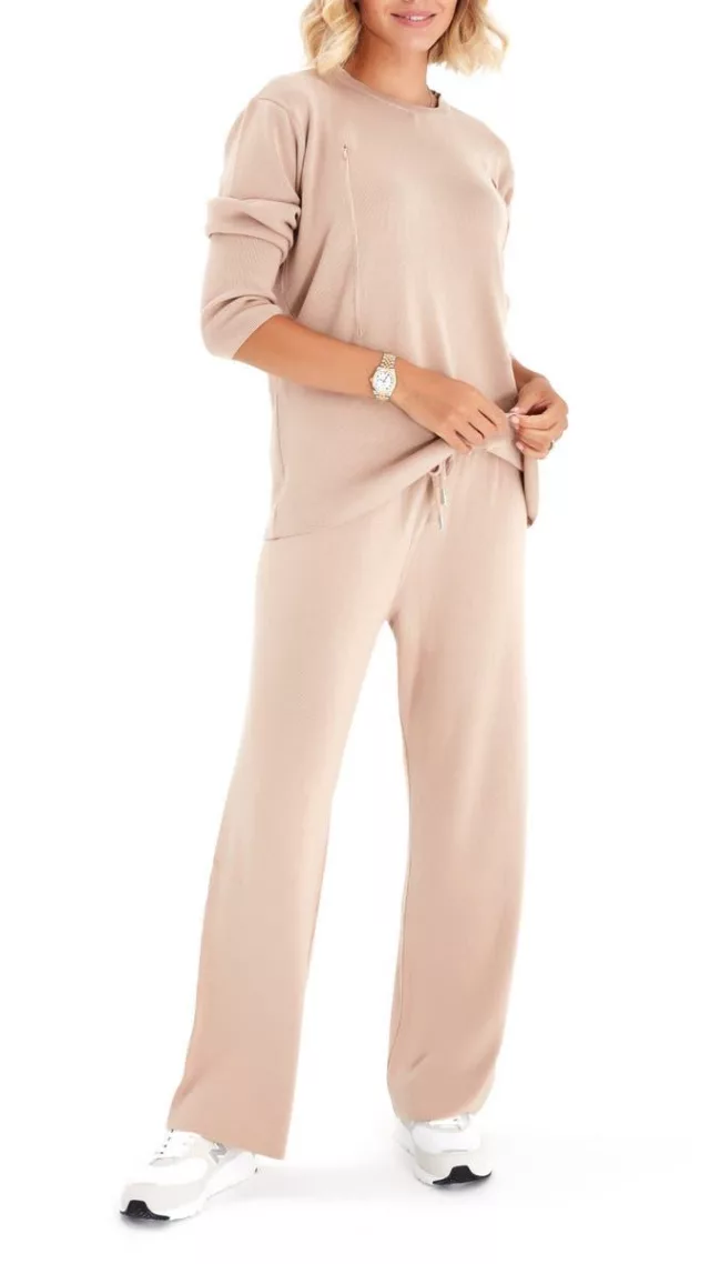 Rib Side Zip Long Sleeve Materity/Nursing Top & Lounge Pants Beige