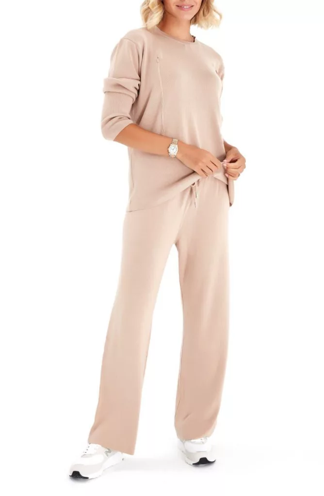 Rib Side Zip Long Sleeve Materity/Nursing Top & Lounge Pants Beige