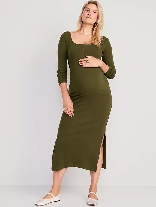 Maternity Long Sleeve Henley Bodycon Dress Conifer