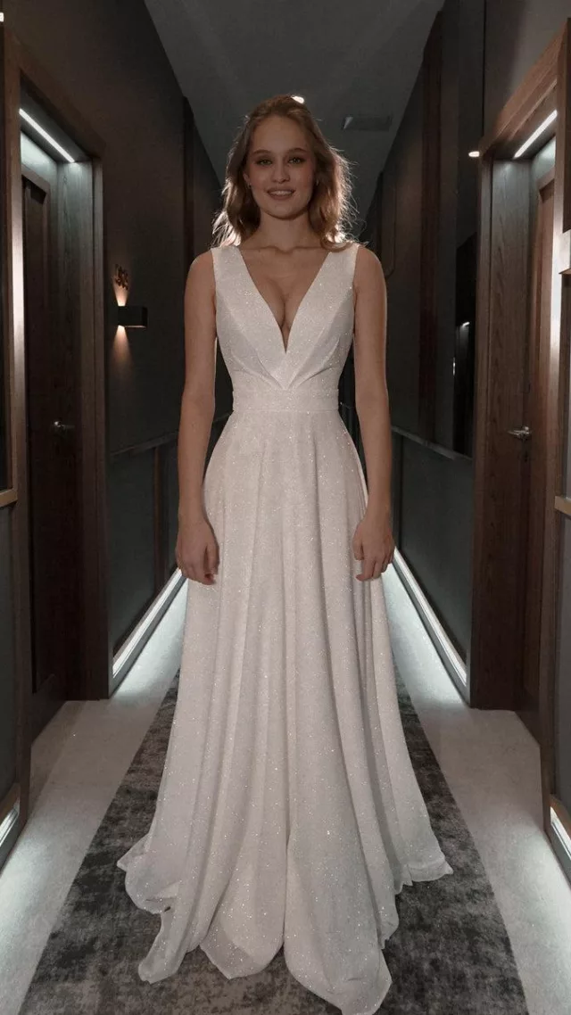 Minimalist Glitter Wedding Dress Kossy Light Ivory Original