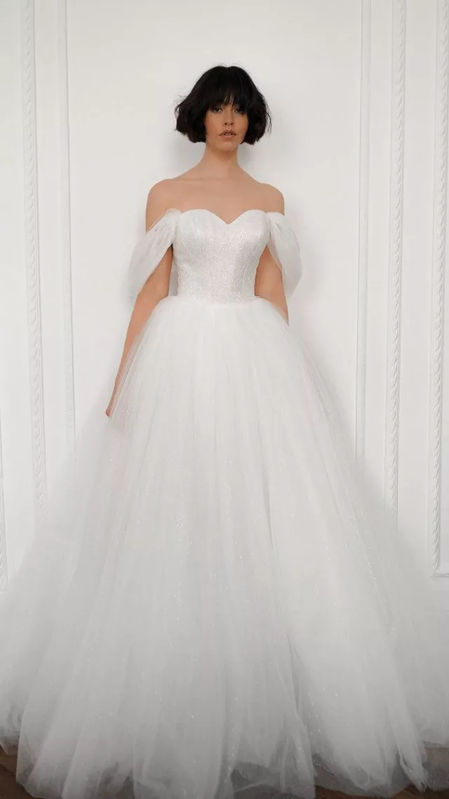 Off-The-Shoulder Shimmering Soft Tulle Wedding Dress Aleksis Light Ivory