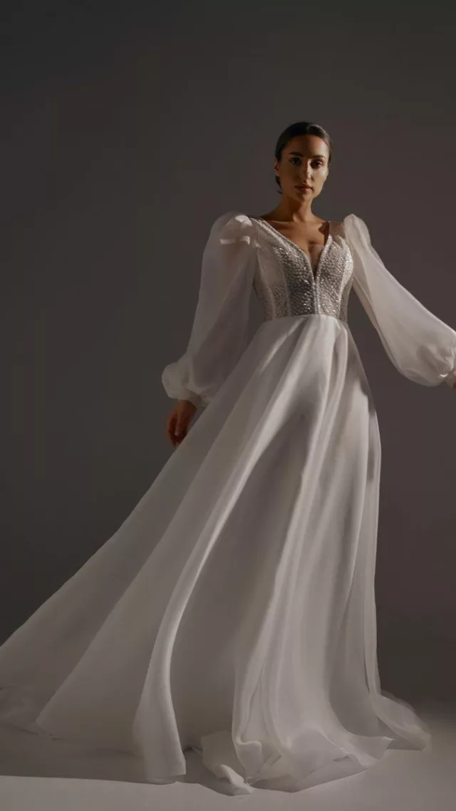 Organza Cinderella Wedding Dress April With Puff Sleeves Light Ivory