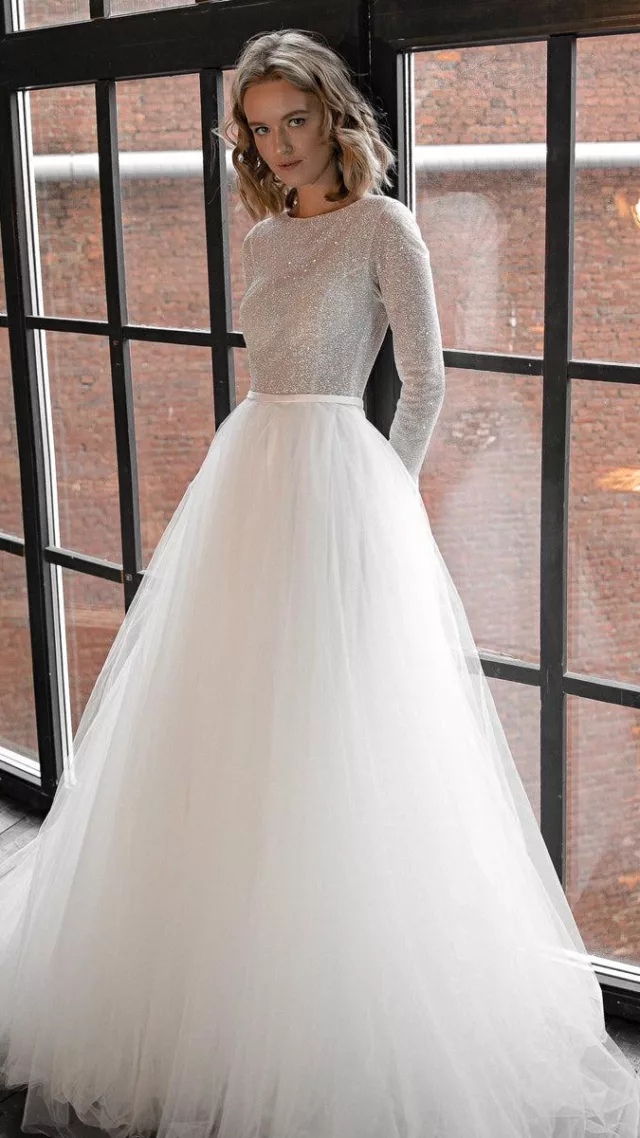 Shiny Wedding Dress Missuri With Long Sleeves Light Ivory